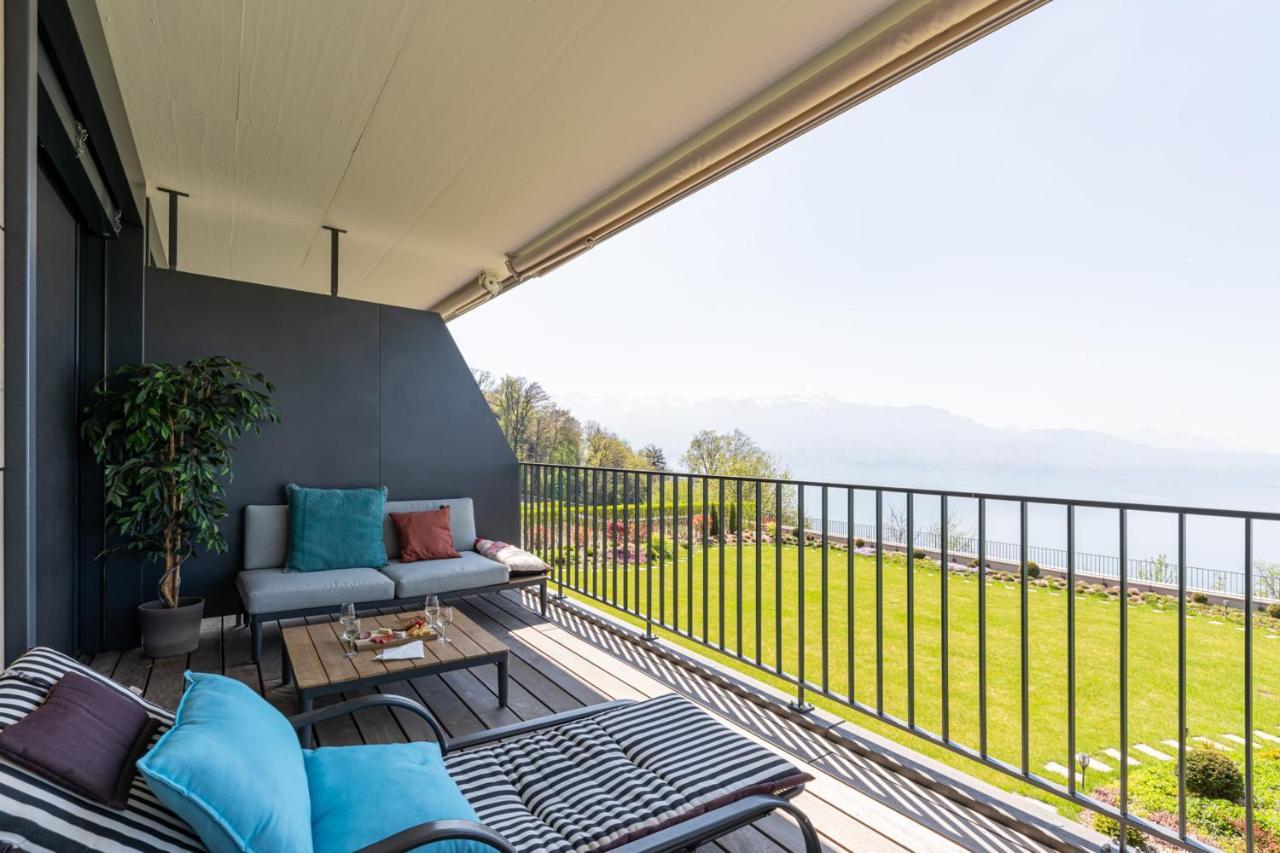 Les Terrasses De Lavaux 1 - Appartement De Luxe Avec Vue Panoramique Et Piscine Puidoux Esterno foto